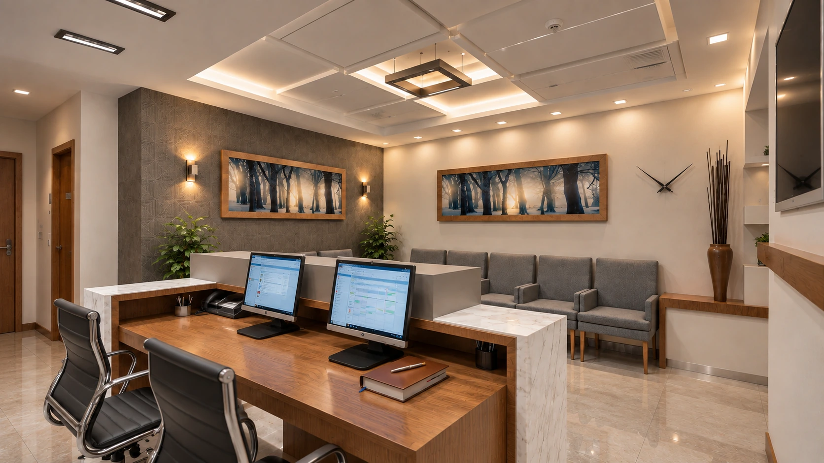 Reception workstation and waiting area at Dr. Firoozi Specialized Cardiology Clinic in Tehran.