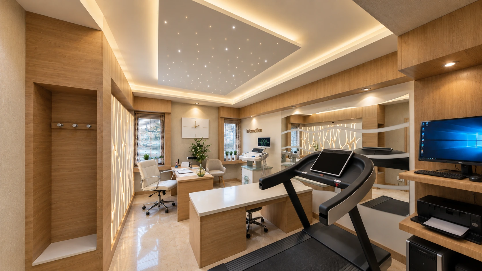 Cardiology stress-test room with treadmill, diagnostic equipment and consultation workspace.