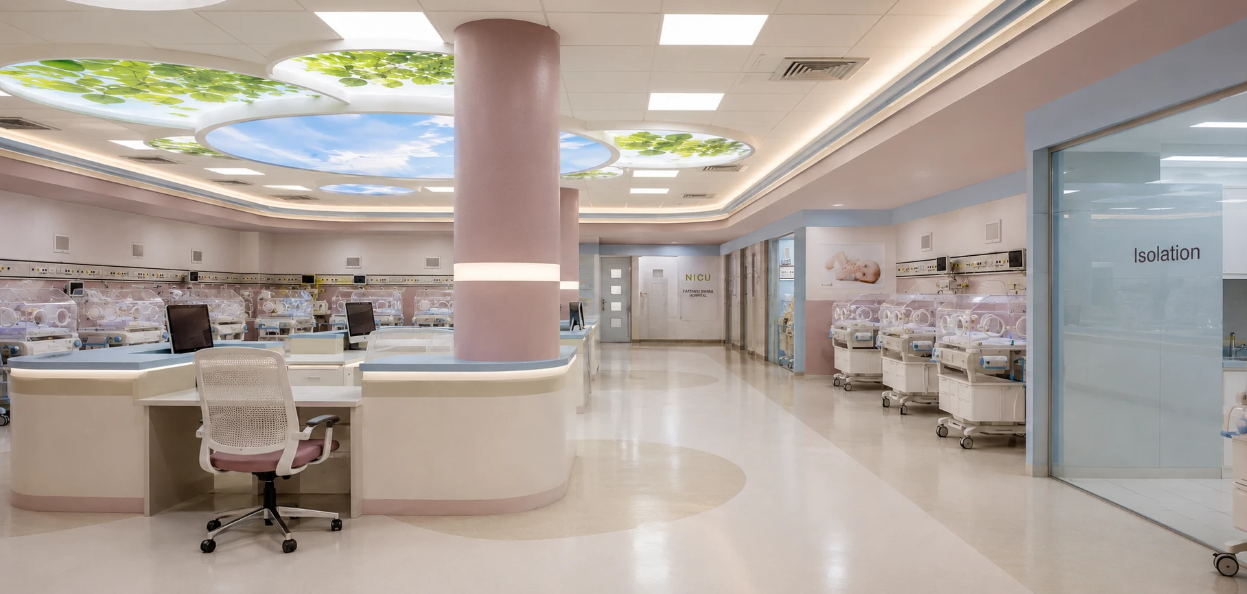 Neonatal care area with glazed isolation room and integrated ceiling lighting at Fatemeh Al-Zahra Hospital NICU
