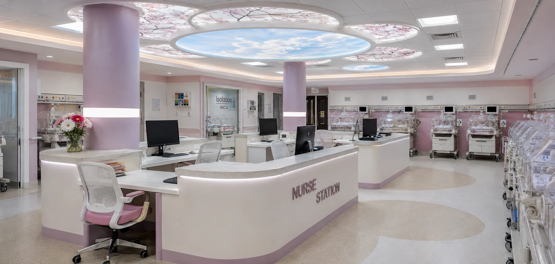 Central nurse station and surrounding neonatal care positions in the Fatemeh Al-Zahra Hospital NICU in Mehriz