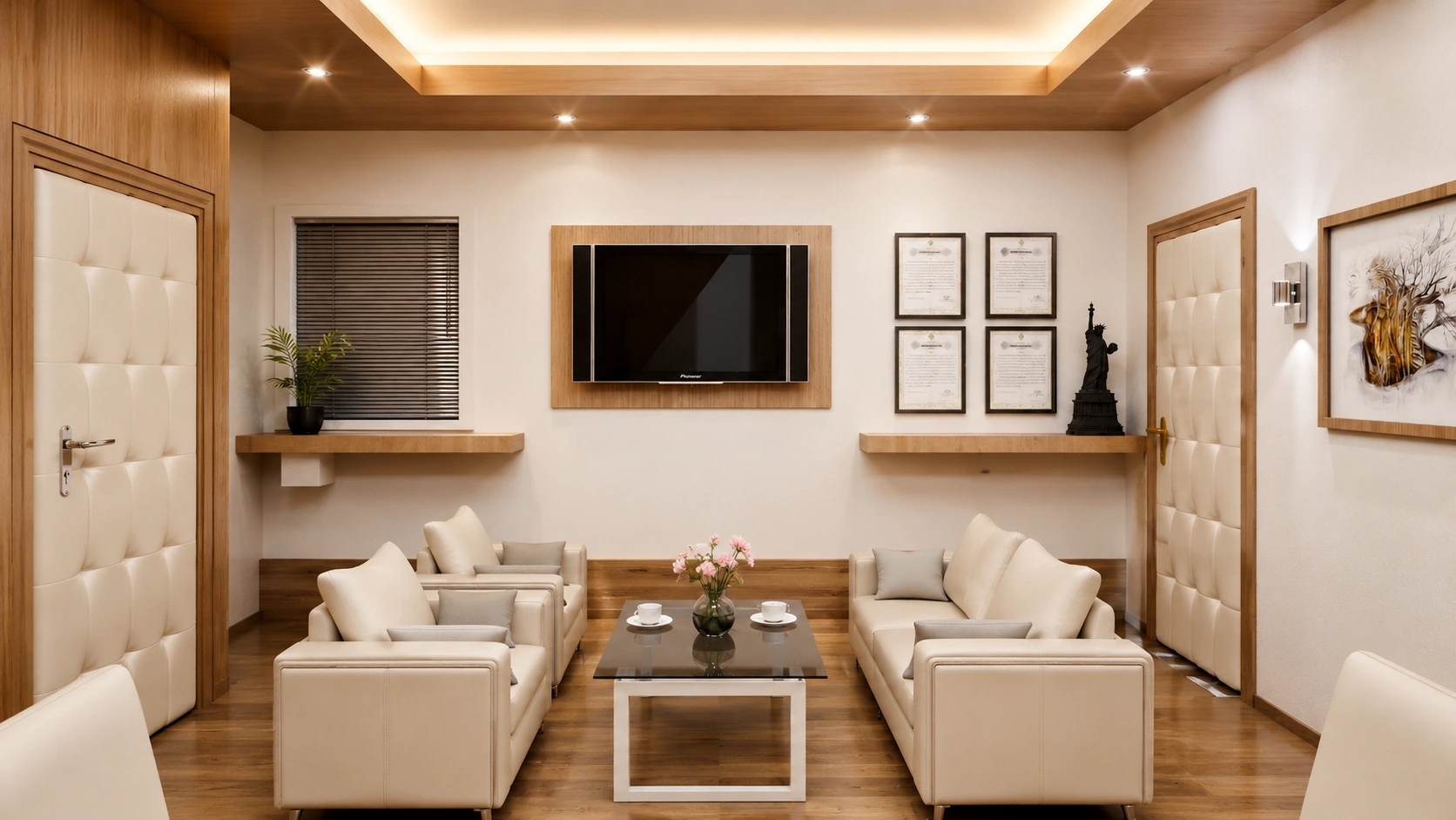Management lounge at Fatemeh Al-Zahra Hospital with cream seating, timber floor, wall-mounted display and framed artwork
