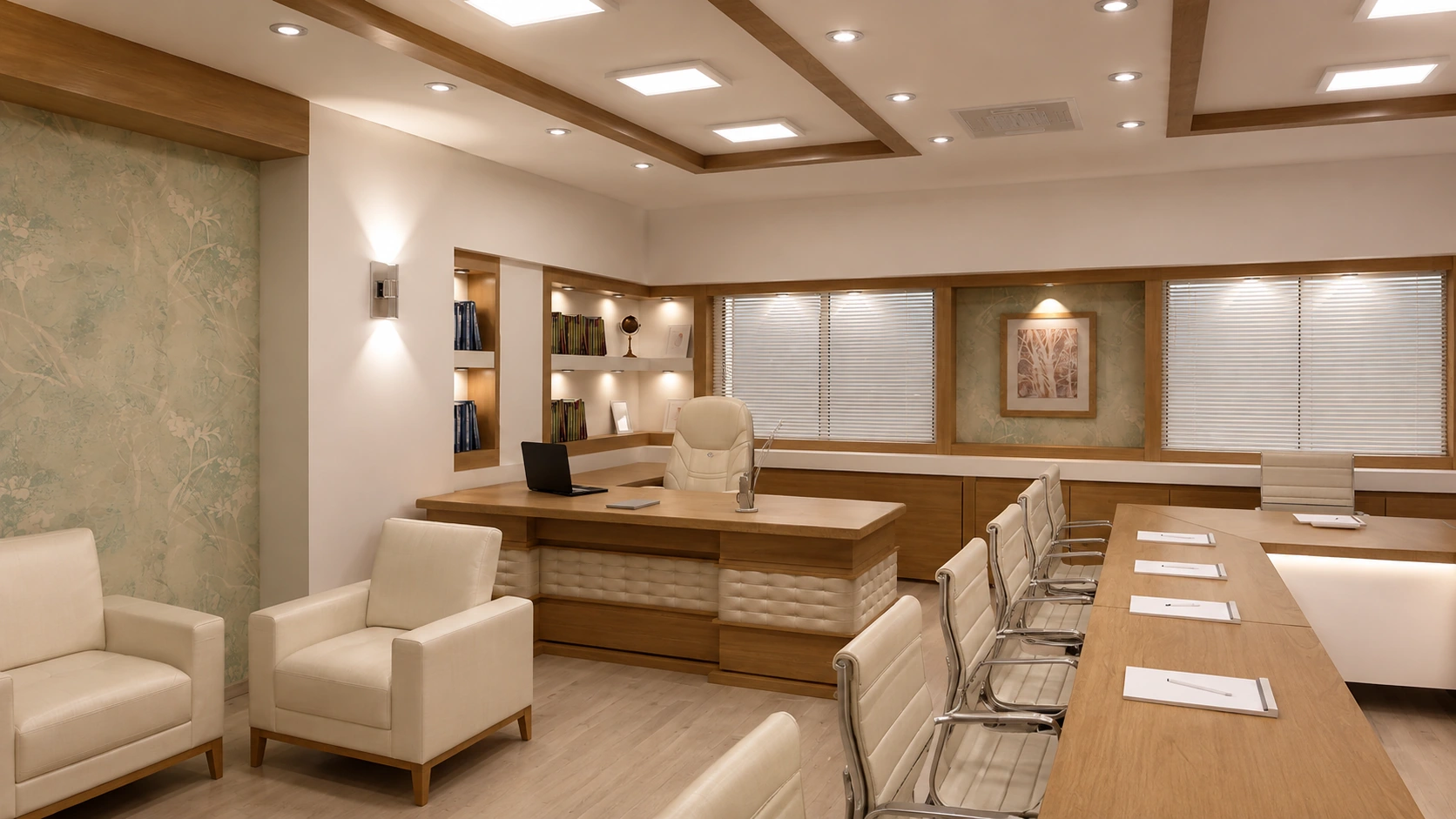 Management meeting office at Fatemeh Al-Zahra Hospital with conference seating, executive desk, timber ceiling accents and integrated storage