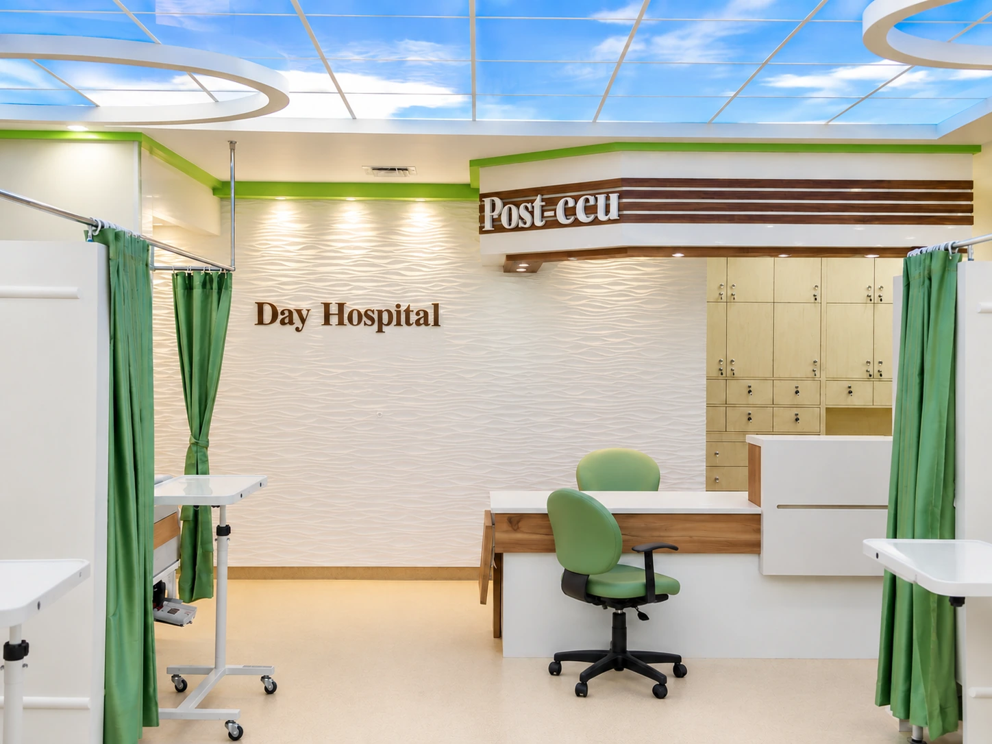 Nursing station within the Post-CCU ward at Day Hospital with front desk, storage and direct relationship to patient spaces
