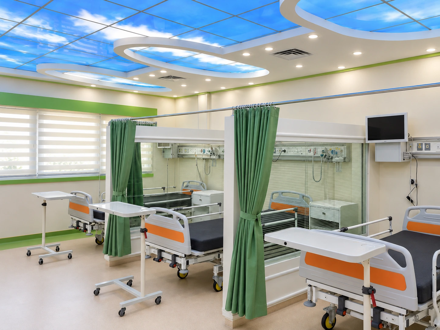 Post-CCU ward overview at Day Hospital with multiple patient beds, privacy curtains and illuminated sky ceiling panels