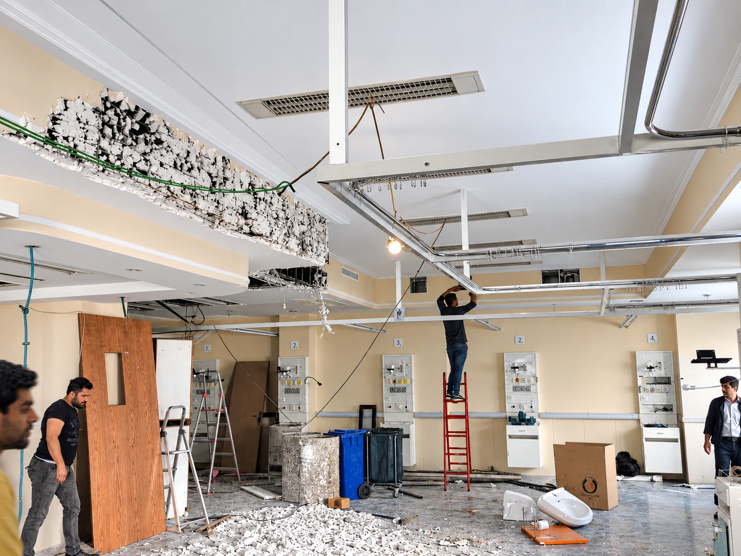 Construction-stage view of the Post-CCU ward renovation before completion, showing ceiling works and medical bay preparation