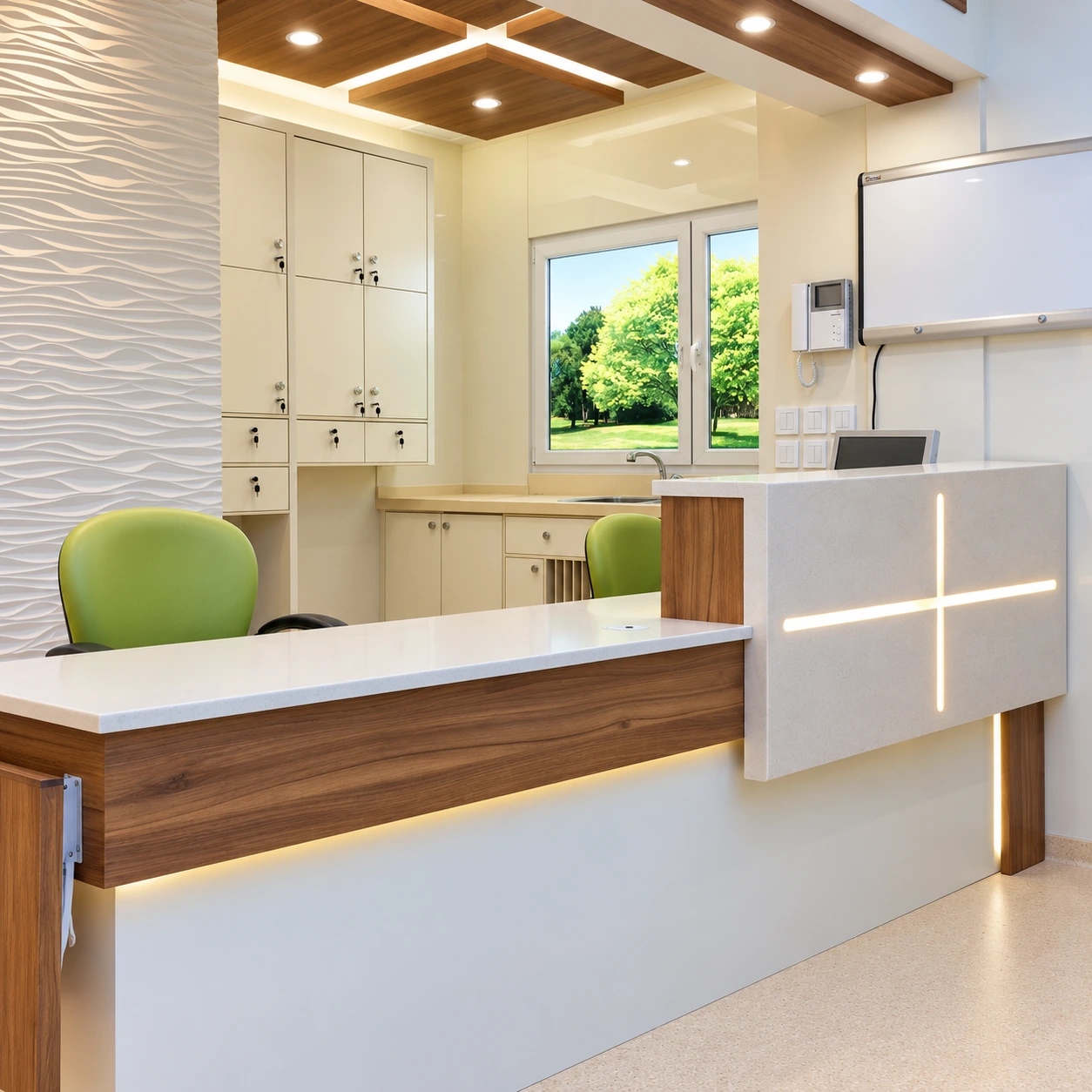 Support and staff work zone in the Post-CCU department with counter, storage, sink and integrated lighting