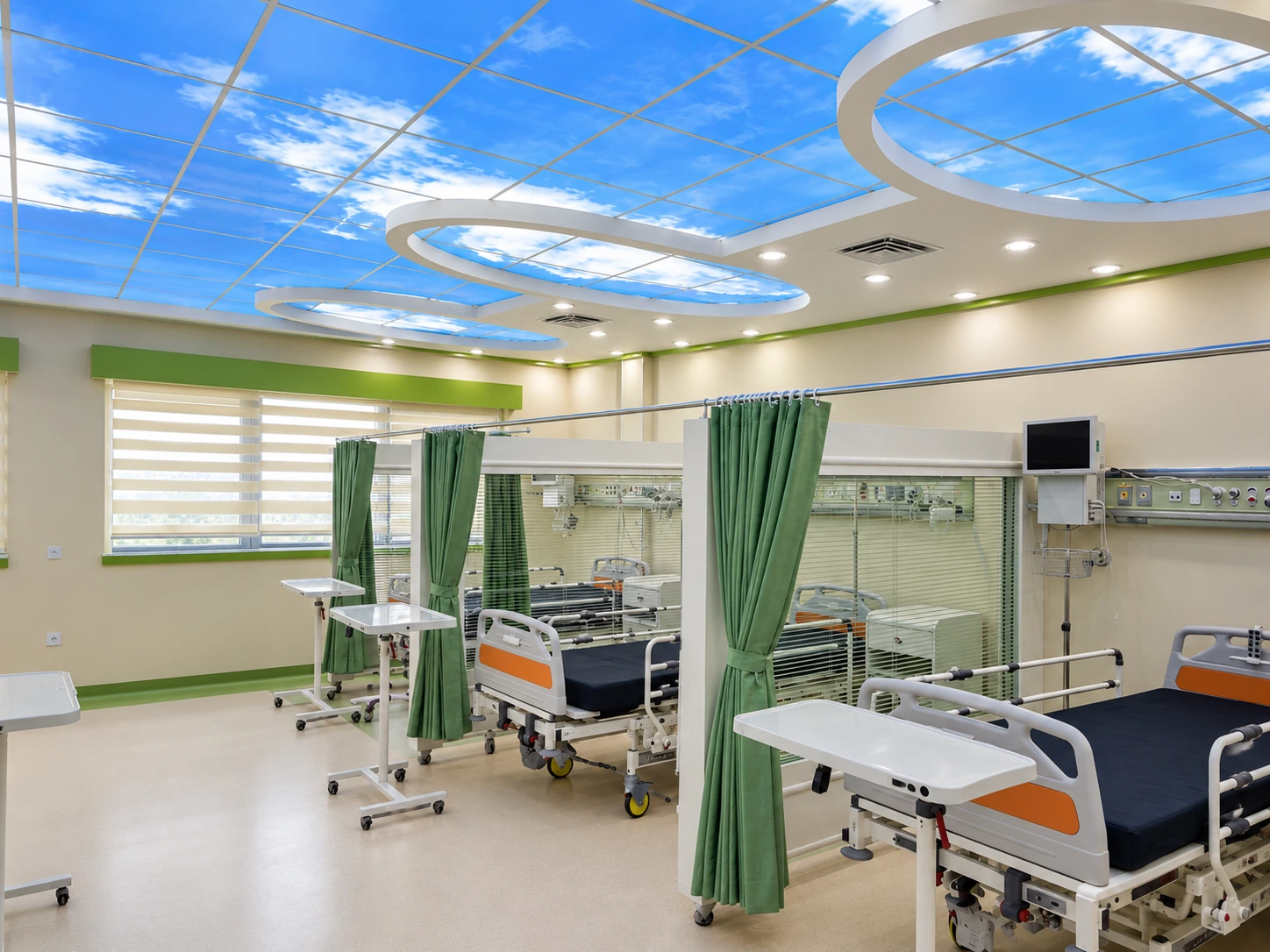 Perspective view of the Post-CCU ward showing beds, medical headwalls and sculpted sky-lit ceiling forms