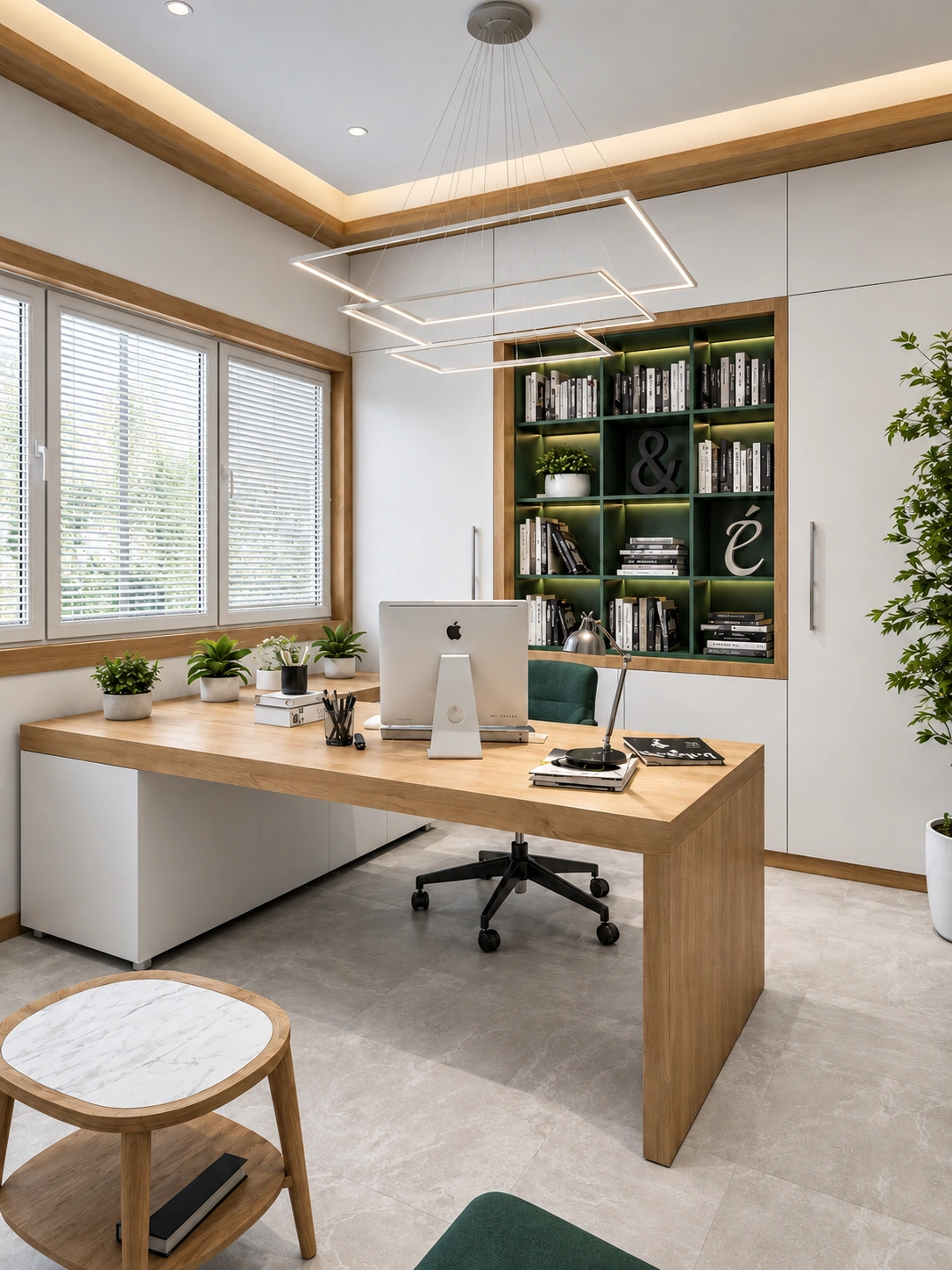 Administrative office at Dr. Rashidinejad Laboratory with wood desk, green shelving and geometric pendant lighting