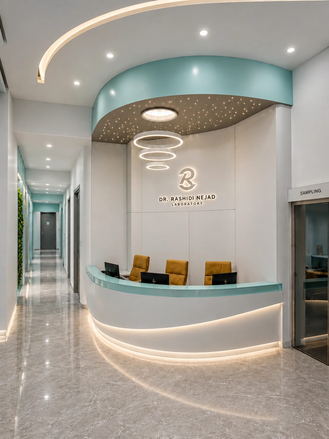 Dr. Rashidinejad Medical Diagnostic Laboratory reception in Tehran with curved desk, circular lighting and mint-teal identity