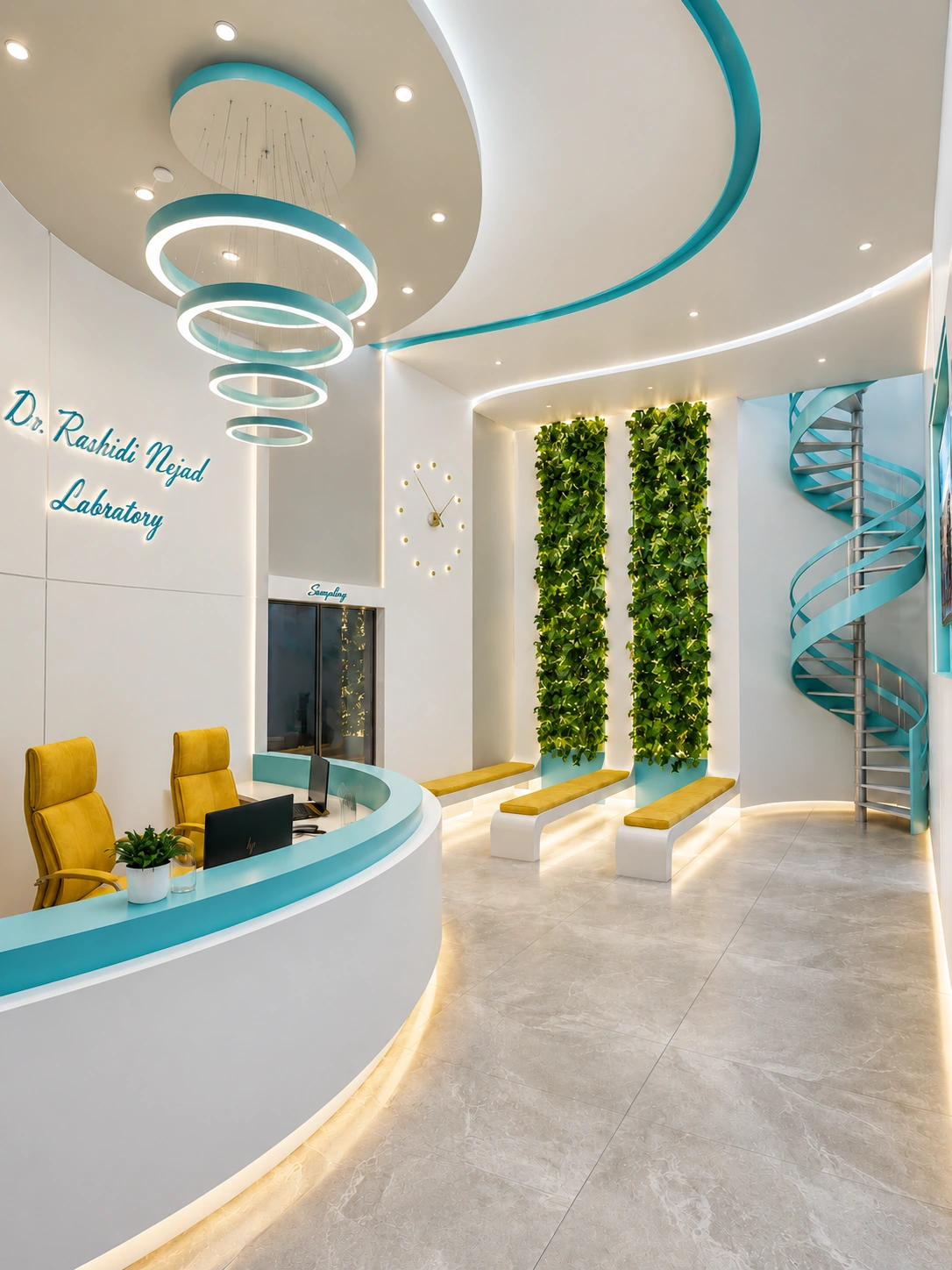Reception and waiting area at Dr. Rashidinejad Laboratory with curved desk, green wall and sculpted ceiling