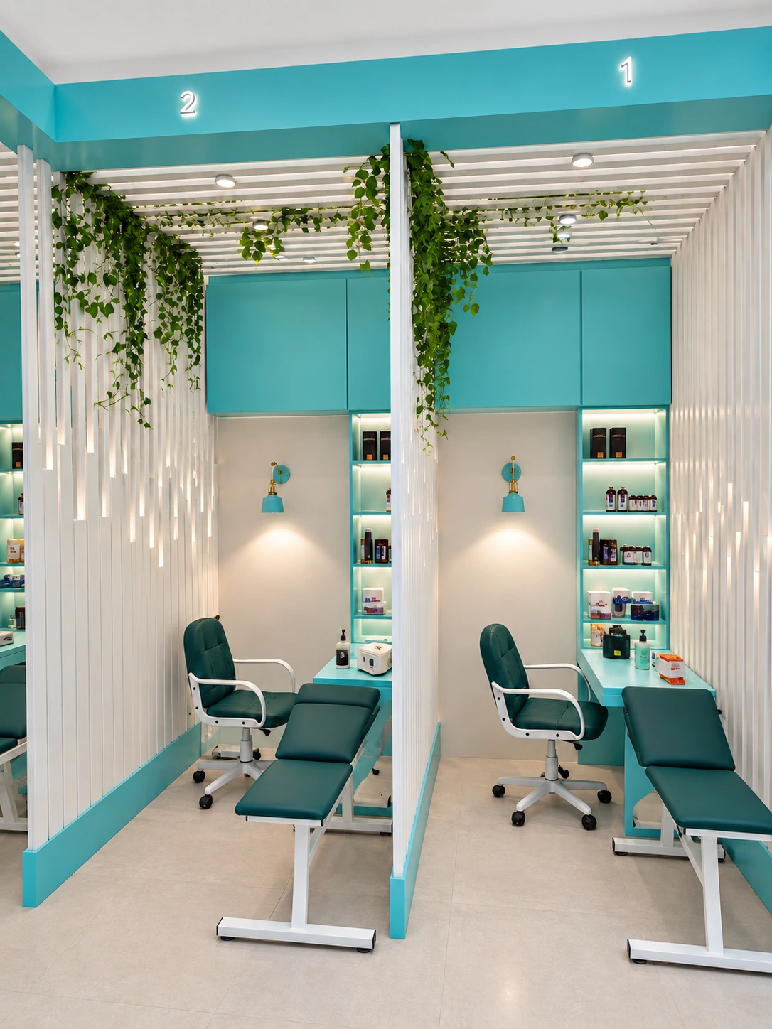 Two sampling bays at Dr. Rashidinejad Laboratory with clinical chairs, illuminated shelving and white-teal partitions