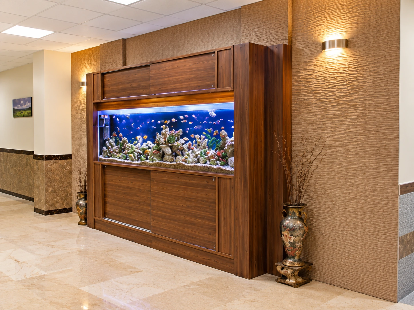 Integrated timber-framed aquarium feature in the Shahid Rajaee Heart Center lobby