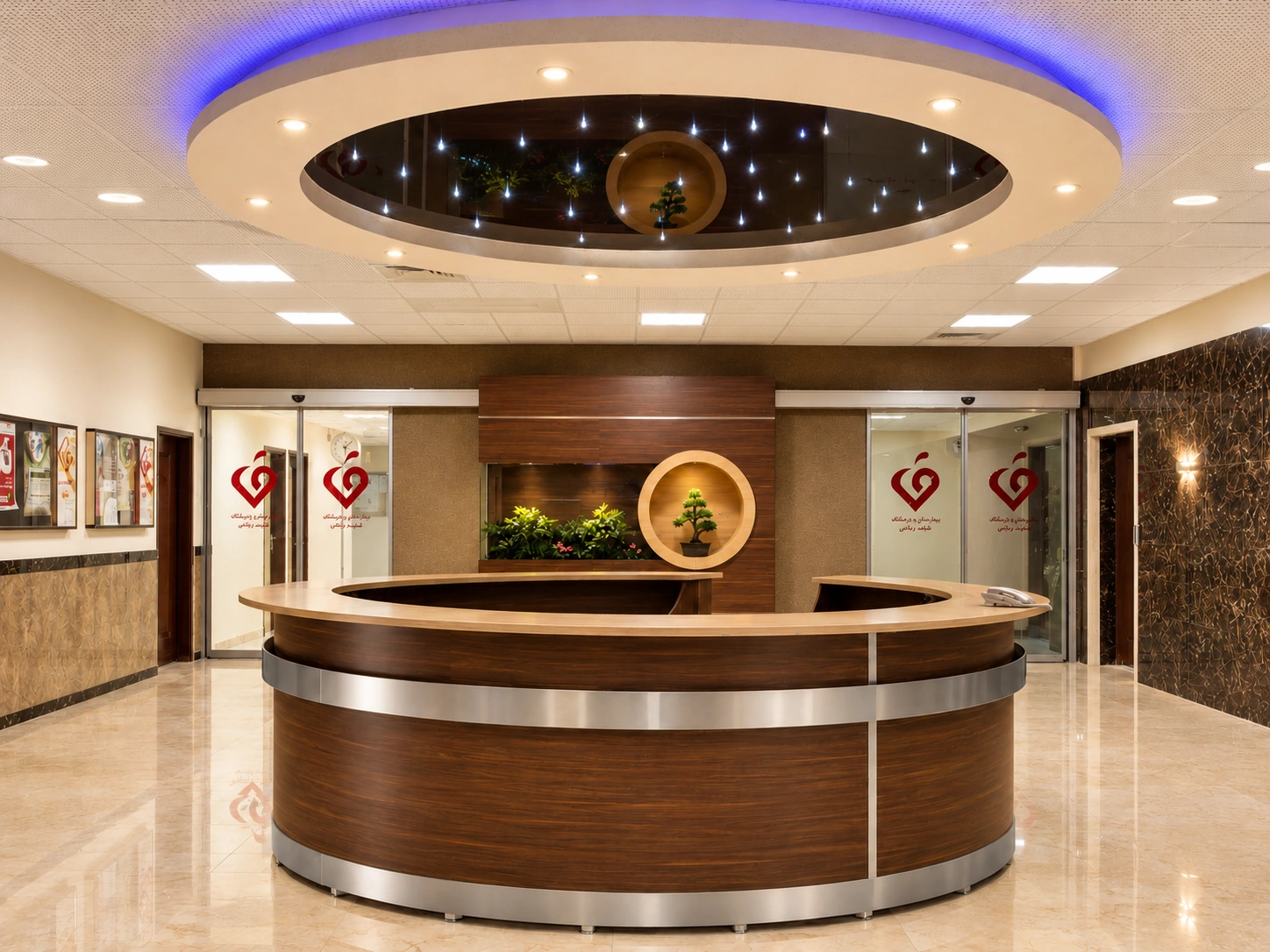 Front view of Shahid Rajaee Heart Center lobby reception with dark circular ceiling feature and point lighting