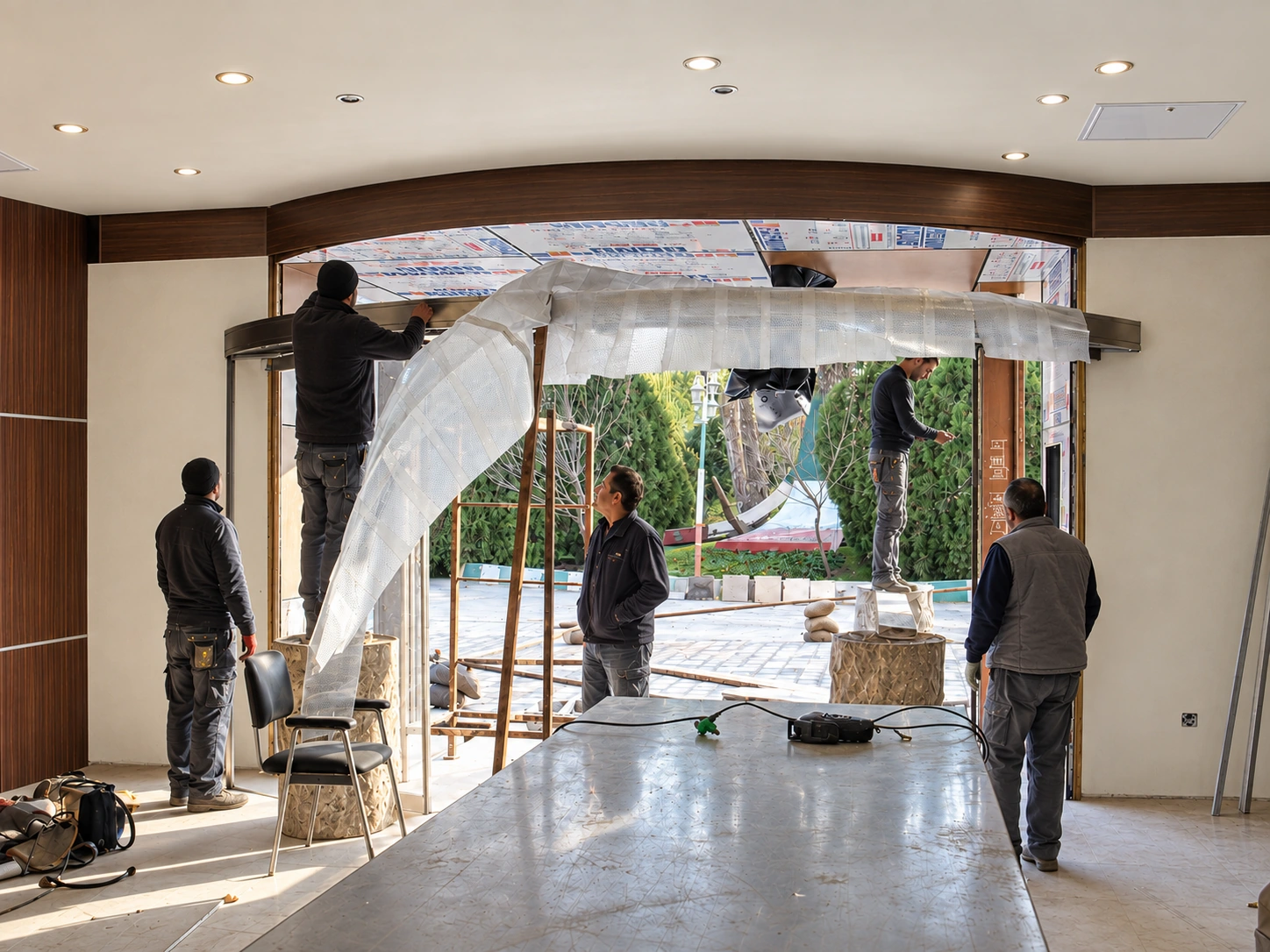 Construction stage of the Shahid Rajaee Heart Center lobby entrance showing installation and finishing work