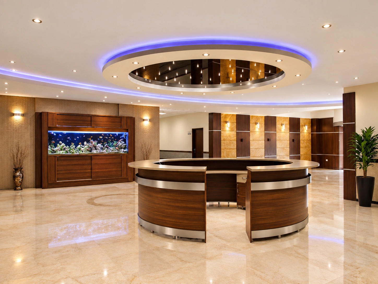 Shahid Rajaee Heart Center lobby in Tehran with curved reception desk, integrated aquarium and illuminated circular ceiling