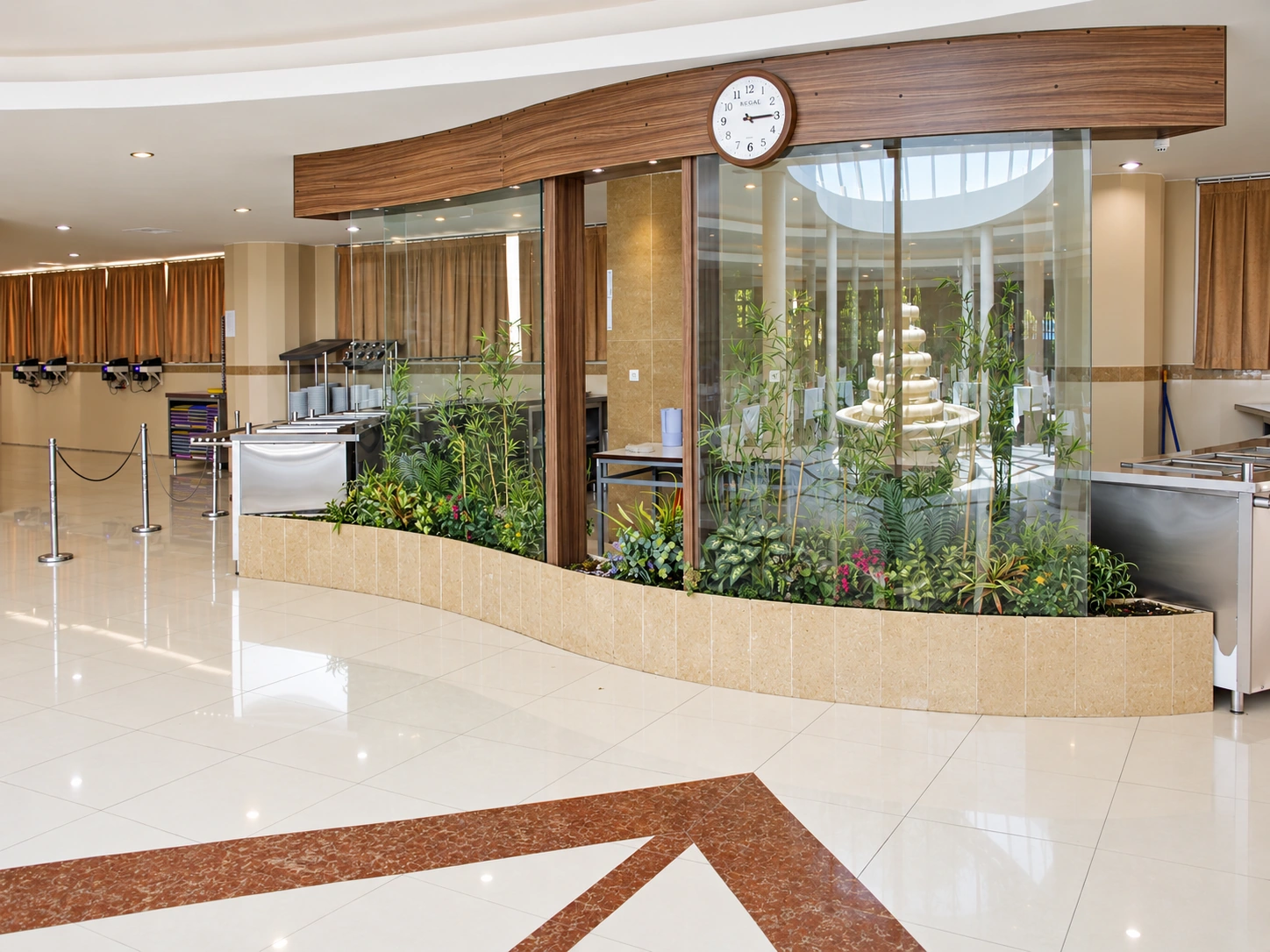 Buffet and service area of Shahid Rajaee Heart Center staff restaurant with curved glazing, indoor planting and timber cladding