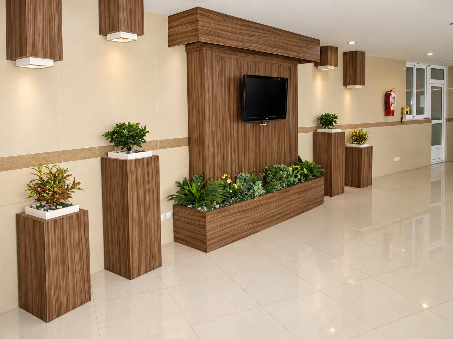 Interior detail of Shahid Rajaee Heart Center staff restaurant with timber TV feature wall and integrated planters