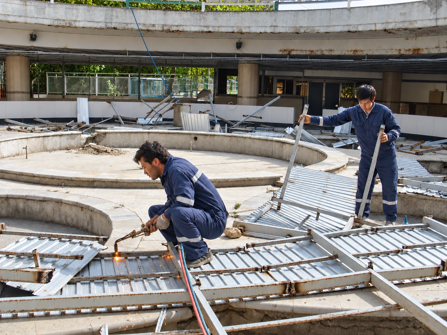 Renovation process at Shahid Rajaee Heart Center staff restaurant showing workers and lightweight steel framing