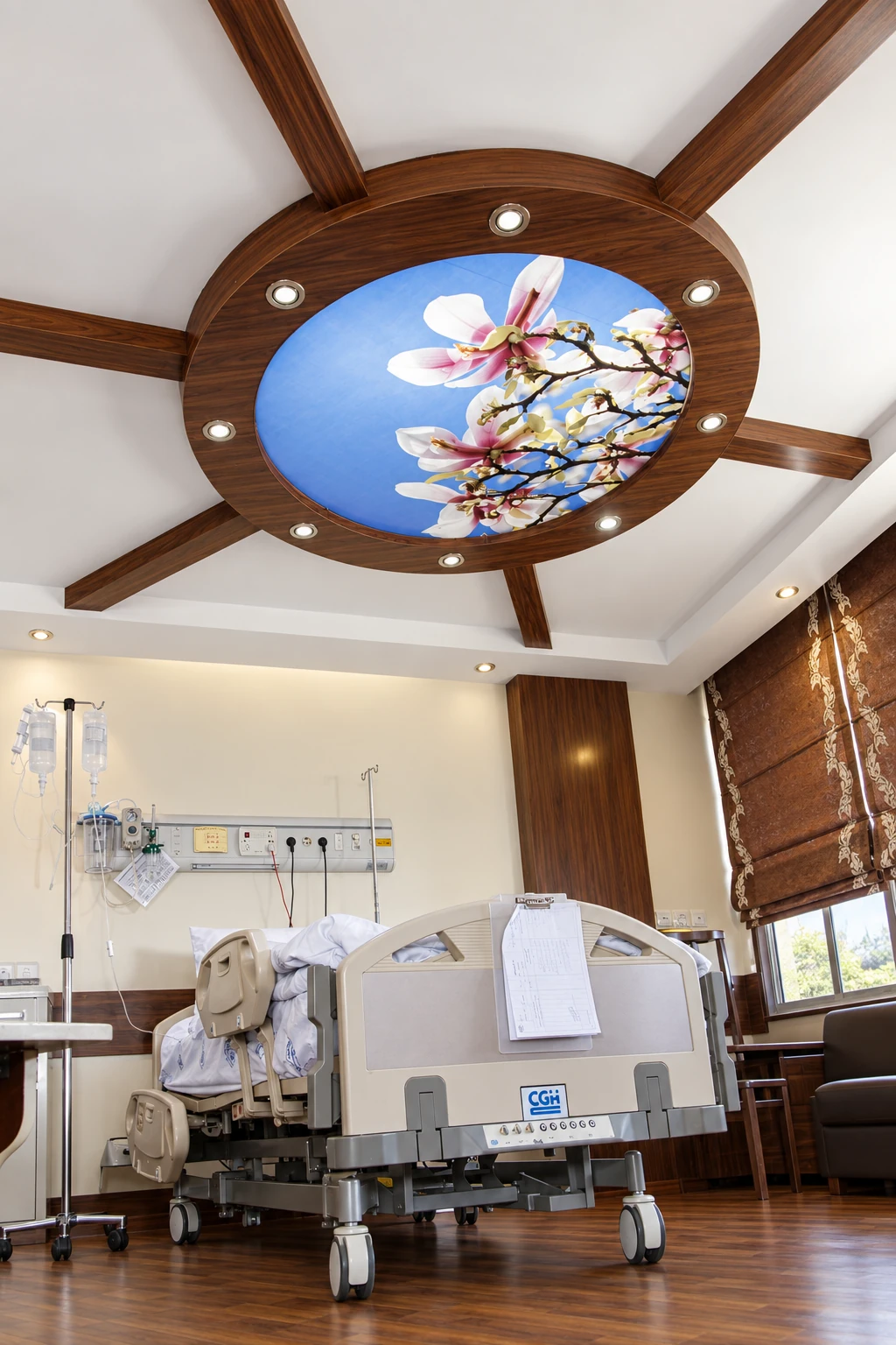 Atiyeh Hospital Ofoq Diplomat patient room with hospital bed, medical equipment and decorative wood ceiling