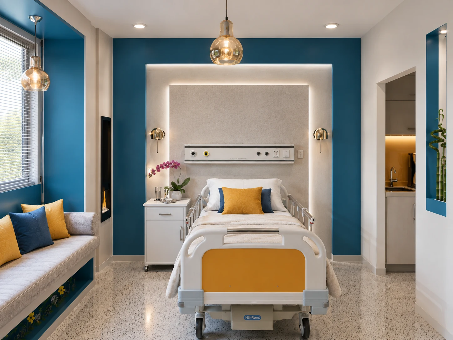 LDR bed and integrated medical-service headwall in a teal patient room at Tehranpars Hospital