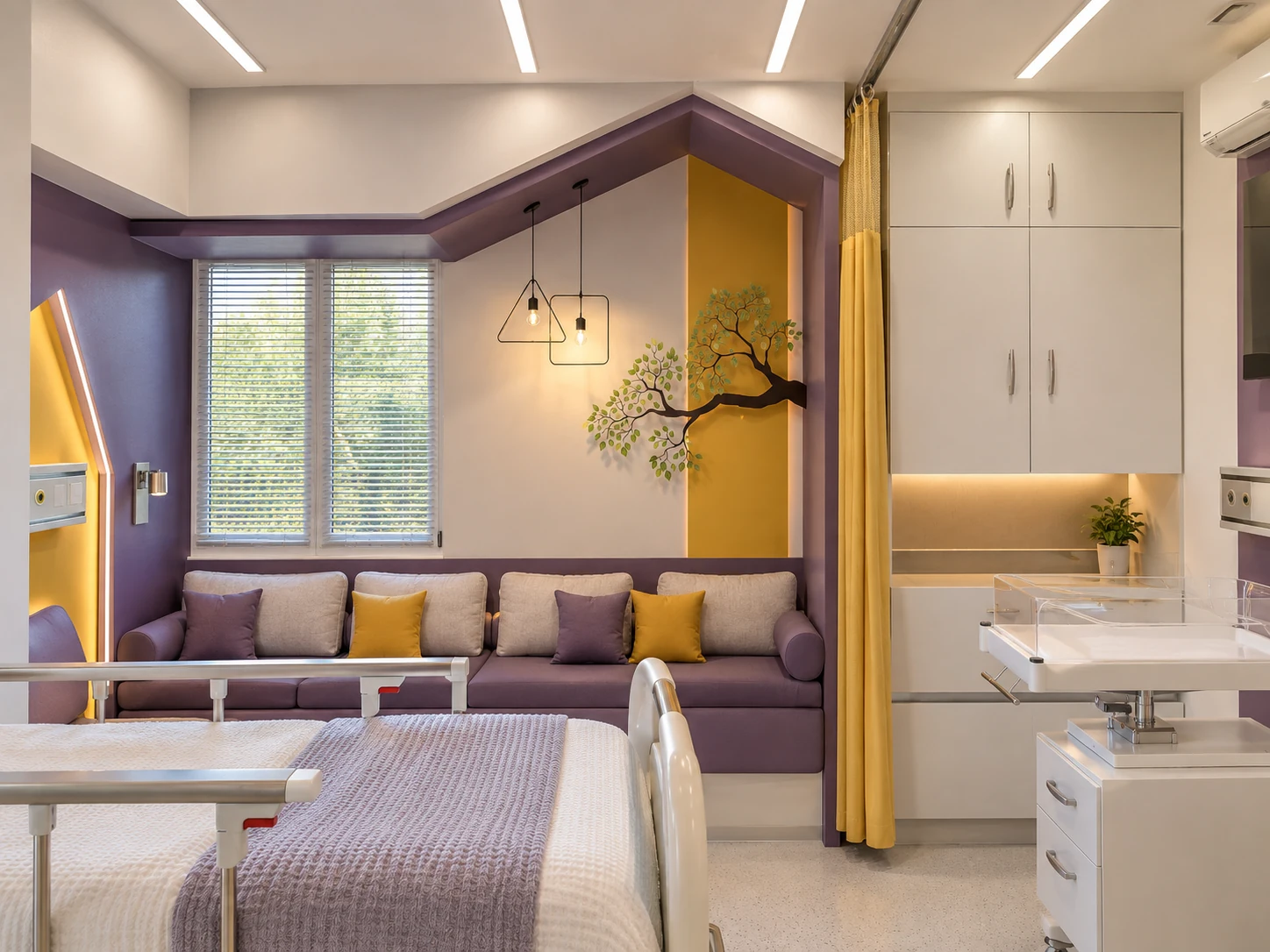 Tehranpars Hospital LDR room with built-in companion seating, newborn bassinet and purple-yellow interior