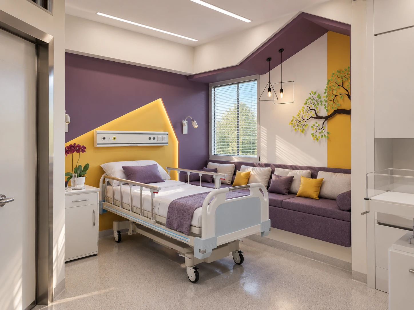 LDR patient room at Tehranpars Hospital with purple and mustard interior, hospital bed and family seating