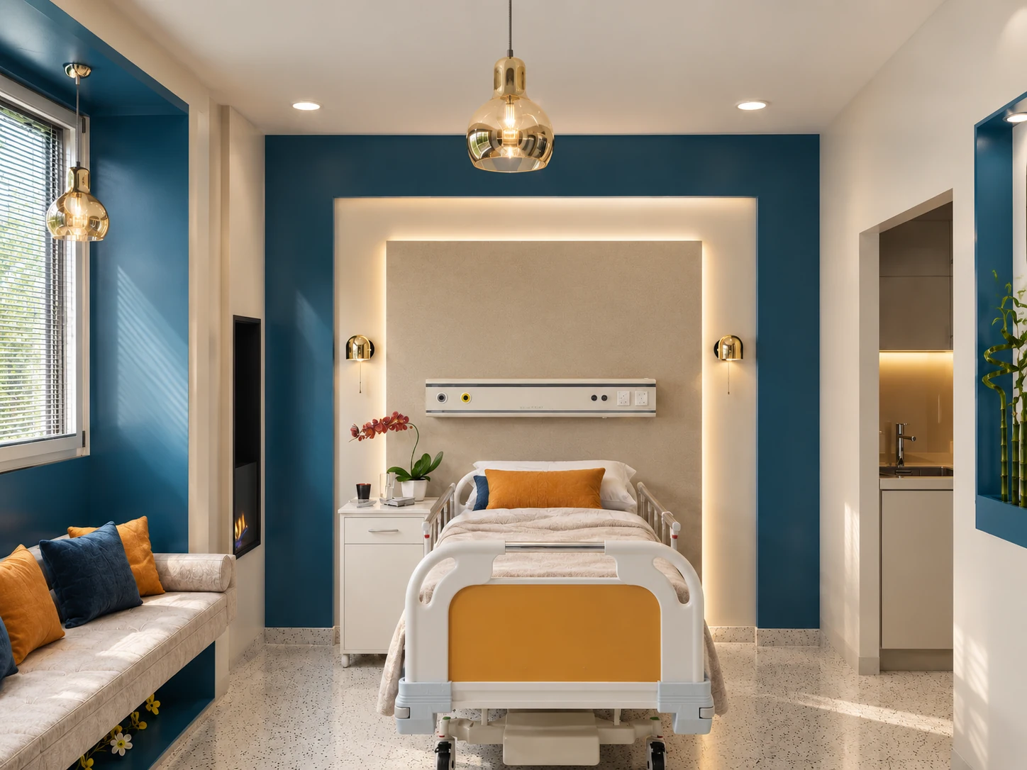 Tehranpars Hospital LDR room with teal interior, illuminated bed wall and companion seating