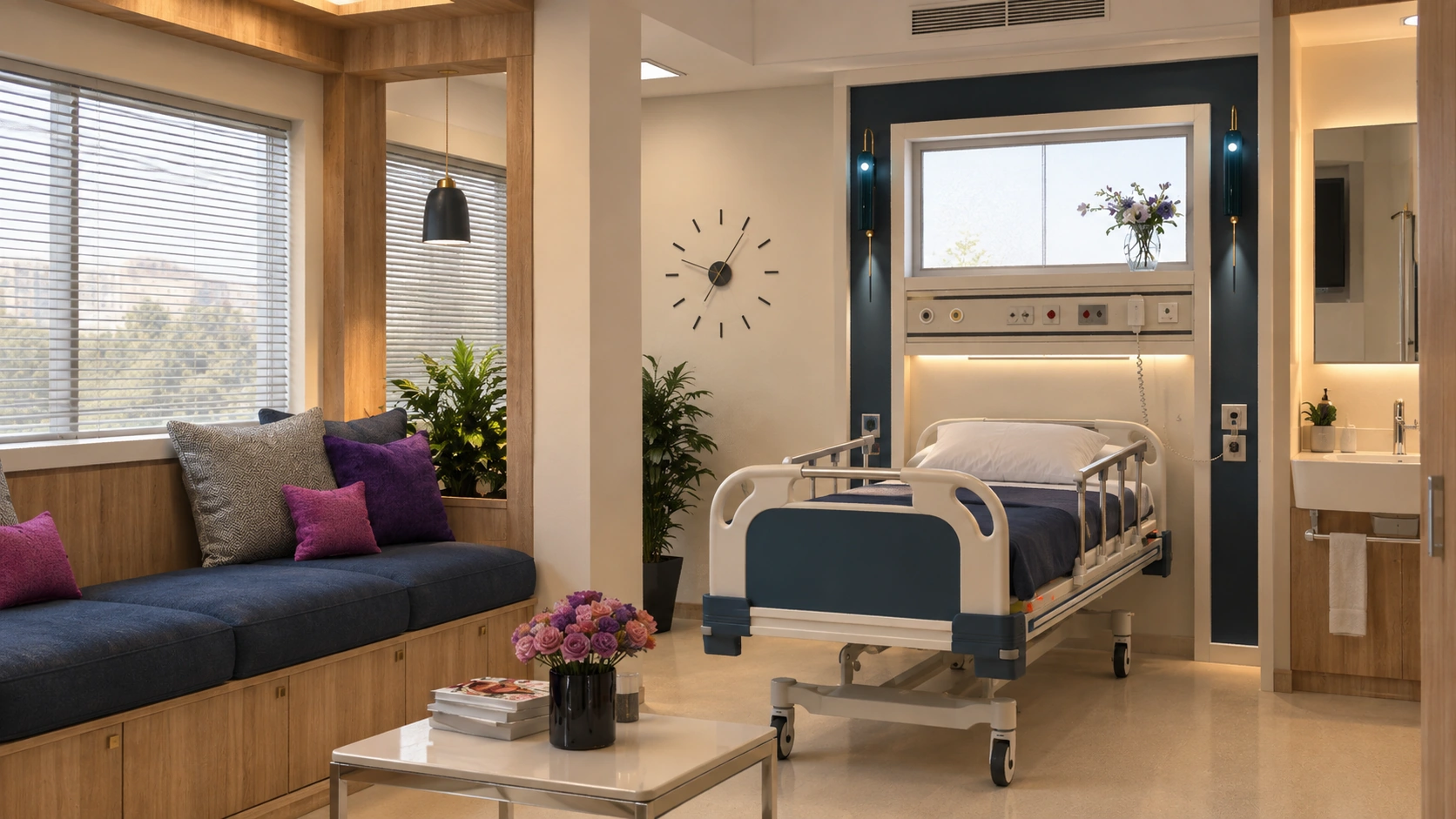 Pre-eclampsia patient room design with hospital bed, window bench, headwall and integrated support areas