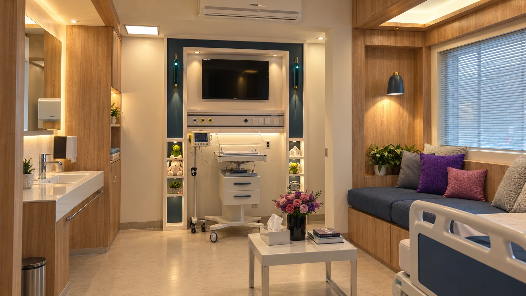 Tehranpars Hospital pre-eclampsia room headwall and equipment zone with companion seating and warm interior finishes