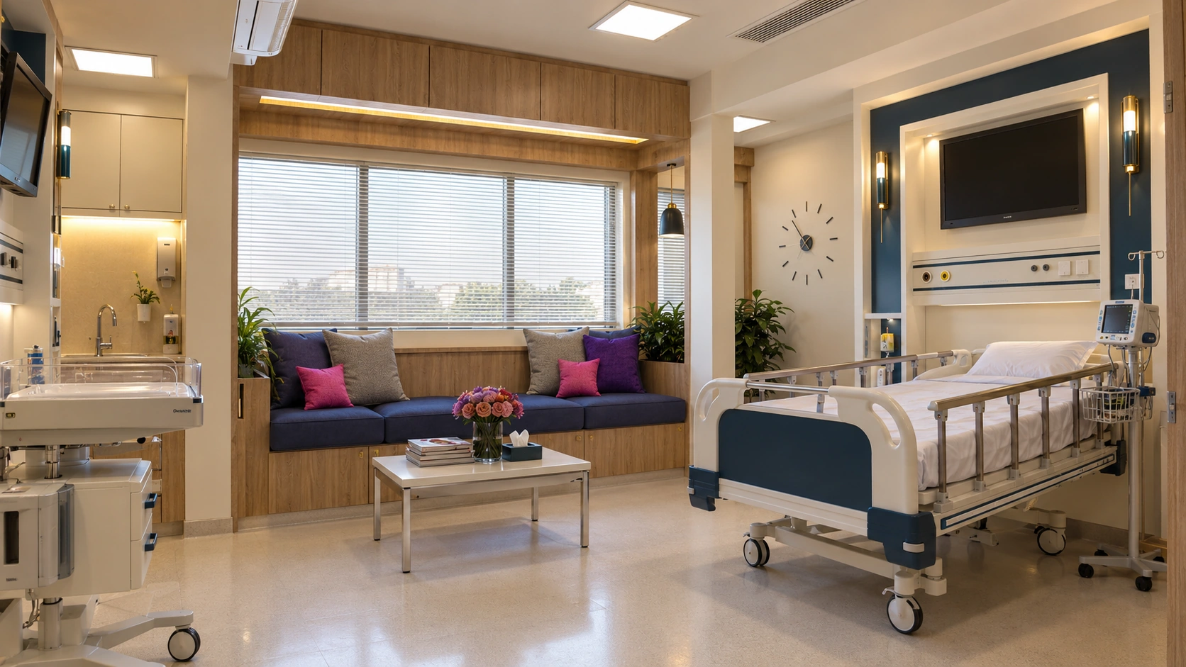 Wide pre-eclampsia unit interior at Tehranpars Hospital with hospital bed, support equipment, seating and integrated cabinetry