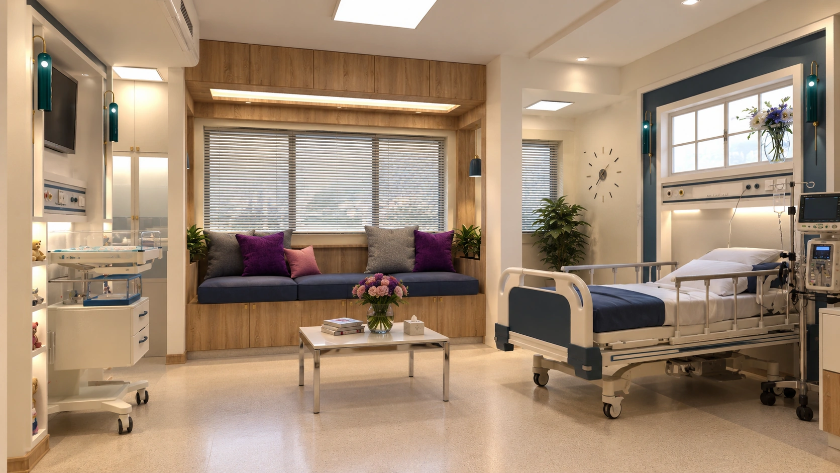 Pre-eclampsia patient room design at Tehranpars Hospital with window-side companion lounge and clinical bed zone