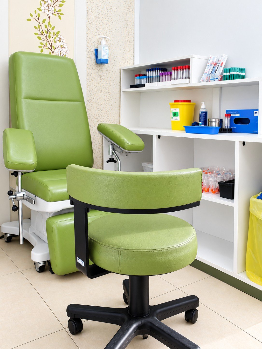 Phlebotomy room at Yekta Medical Laboratory with patient sampling chair and laboratory storage