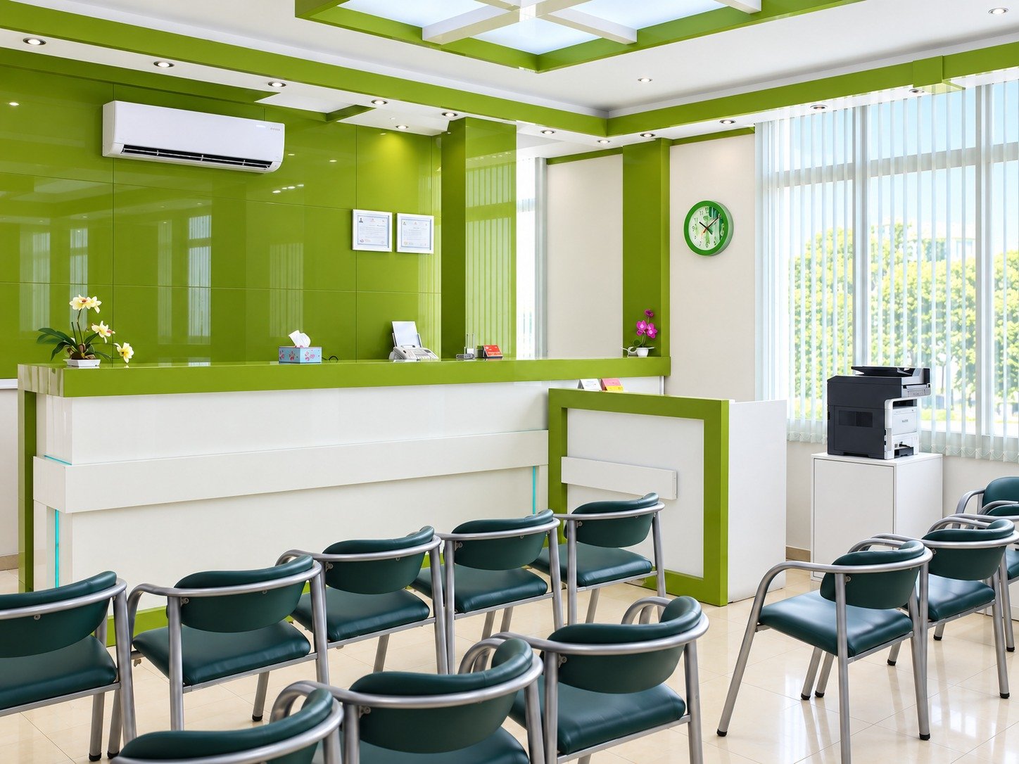 Yekta Medical and Molecular Laboratory reception and waiting area in Tehran with green architectural interior design