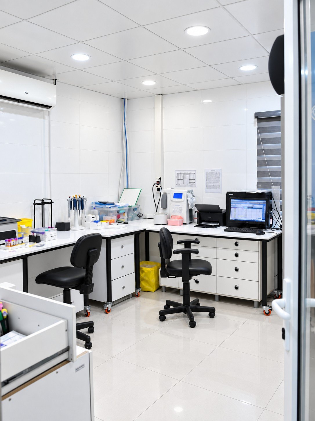 Clinical laboratory workspace at Yekta Medical and Molecular Laboratory with work benches and equipment