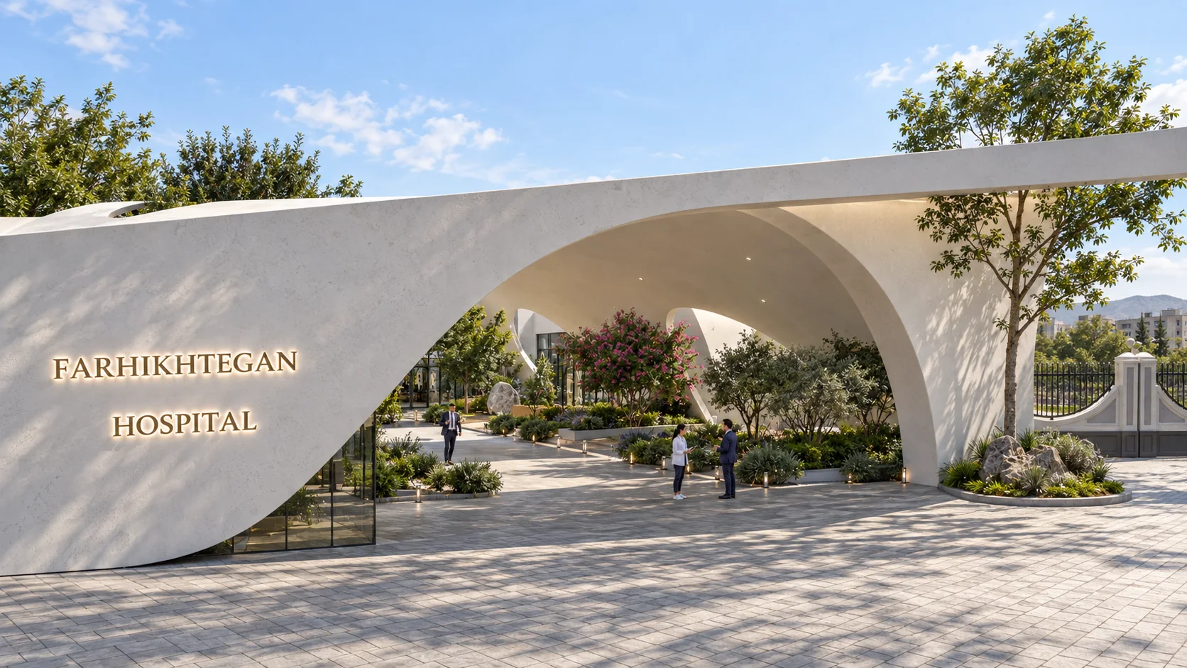 Main entrance design of Farhikhtegan Hospital in Tehran with curved architectural gateway