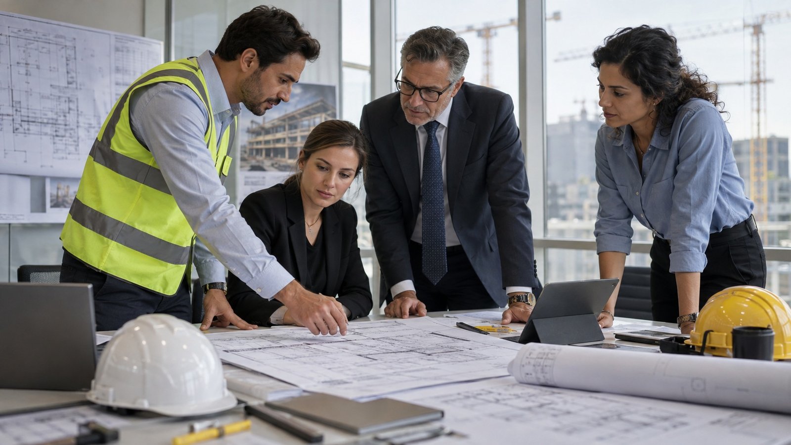 Photo-style project coordination meeting with drawings, safety gear, and engineering team