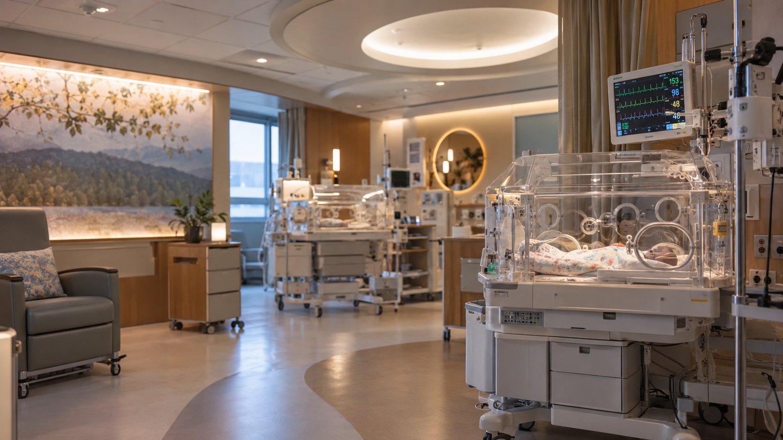 نمای واقعینما از بخش NICU با انکوباتورها، مانیتورها و فضای مراقبت نوزادان