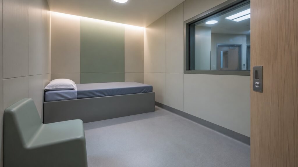 Photo-style view of a psychiatric isolation room with controlled lighting and safe detailing