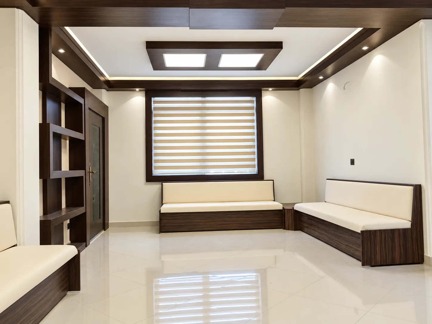 Jam Building waiting area with dark wood ceiling frames, cream benches and zebra blinds