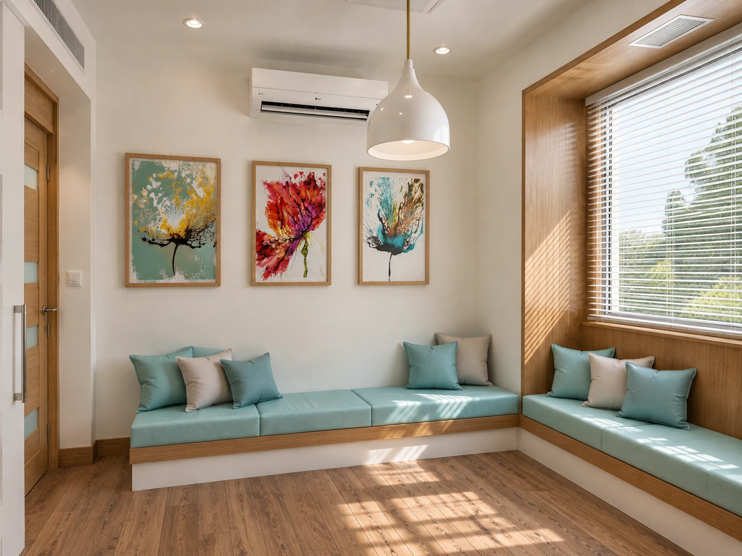 Overall view of the breastfeeding room at Tehran Pars Hospital with aqua seating, framed artwork and warm daylight