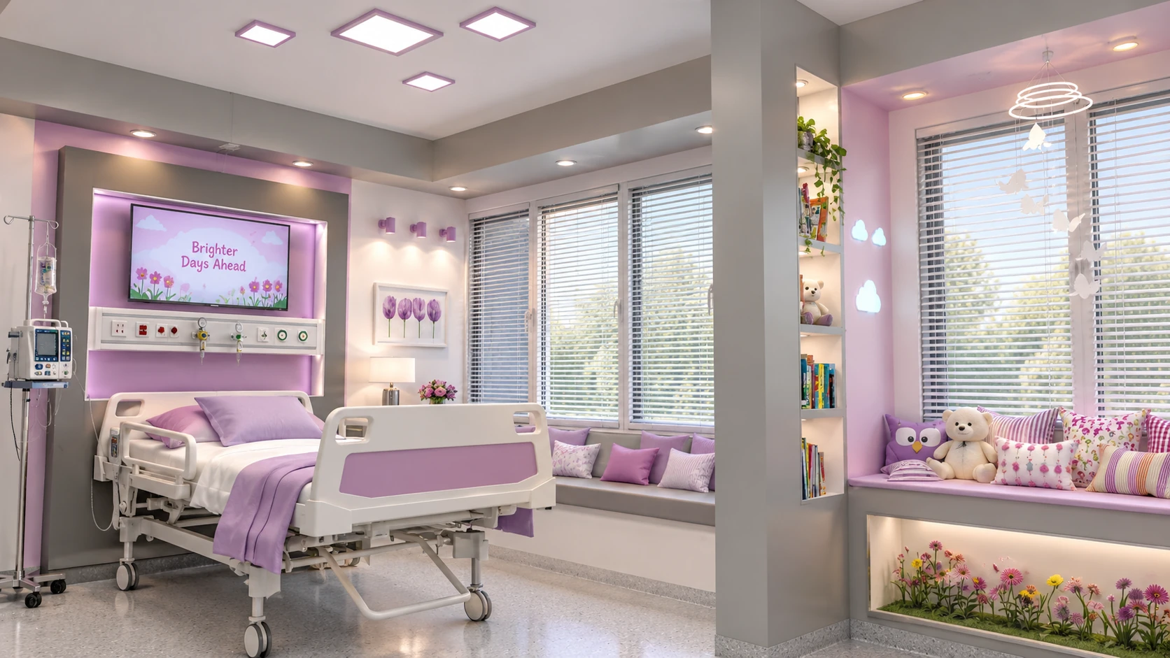 Patient bed and illuminated headwall in the Tehran Pars Hospital isolation room interior