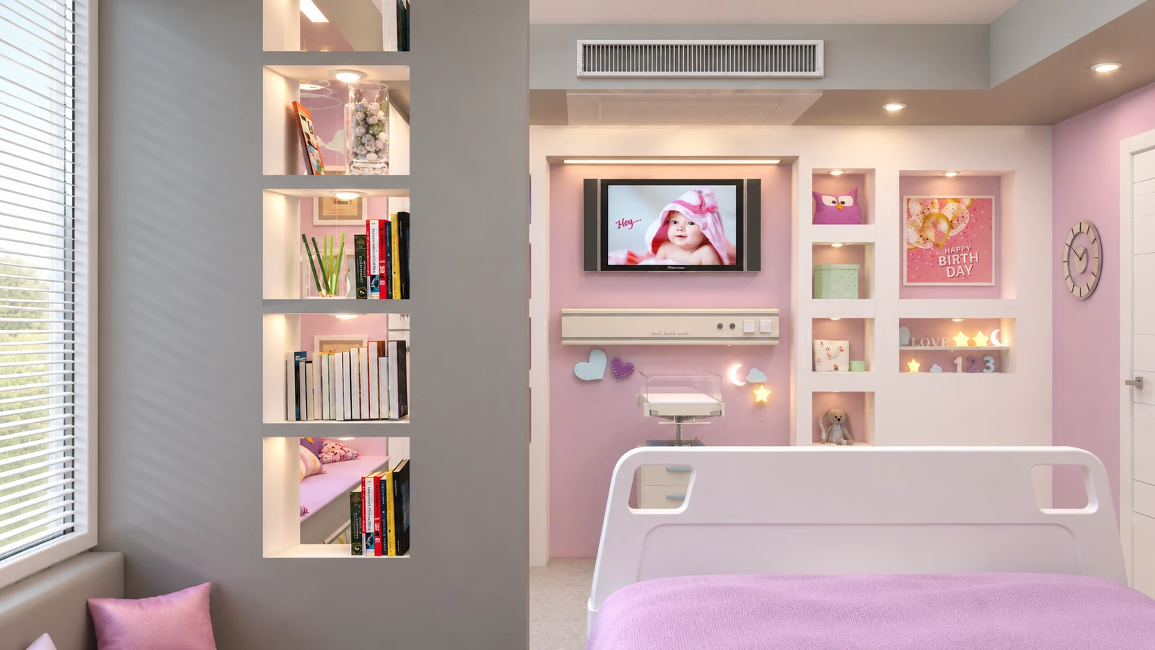 Interior care-zone view with patient bed, shelving and ceiling lighting at Tehran Pars Hospital