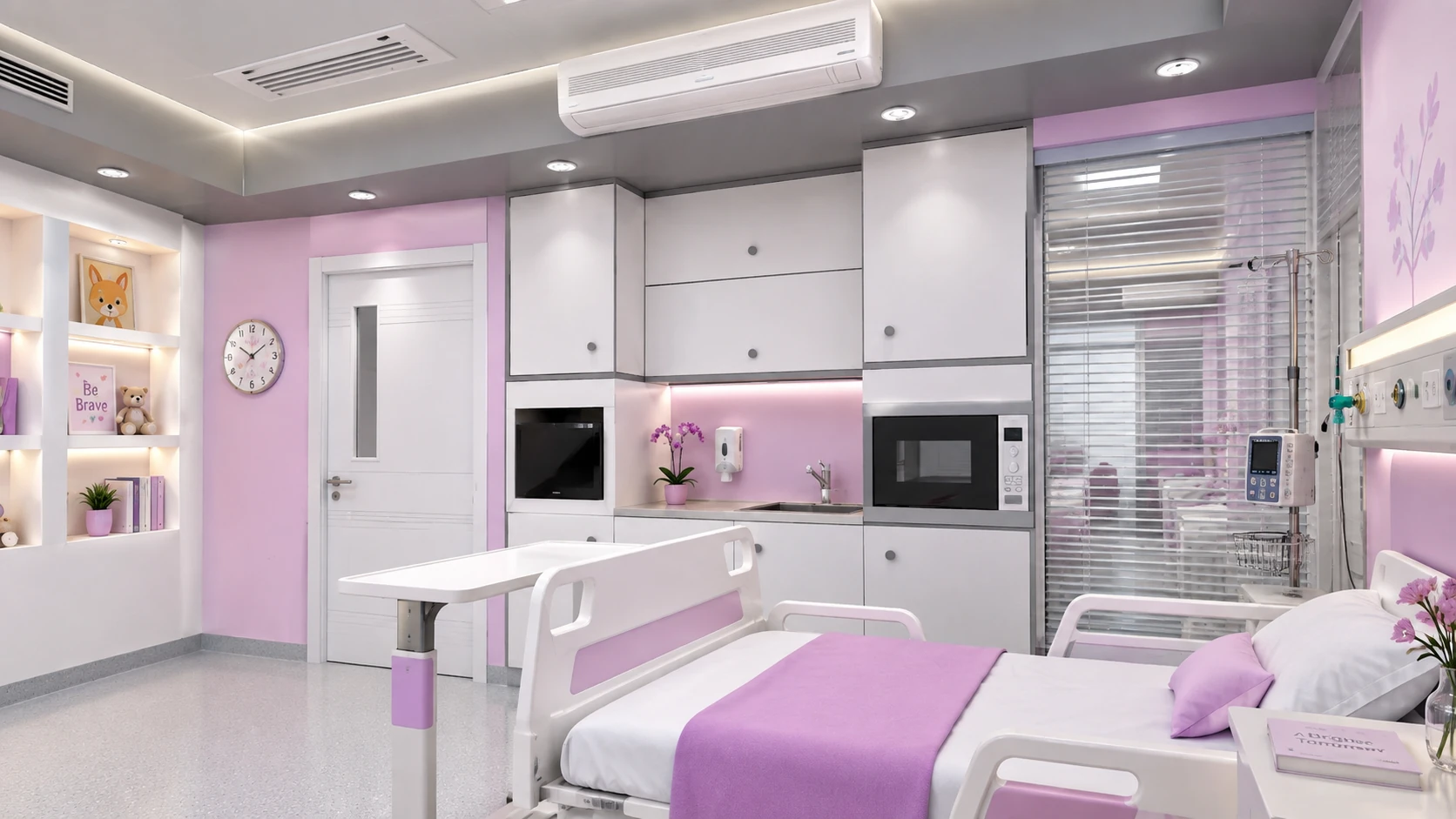 Main view of Tehran Pars Hospital isolation room with patient bed, support cabinetry and a soft white, grey and pink palette