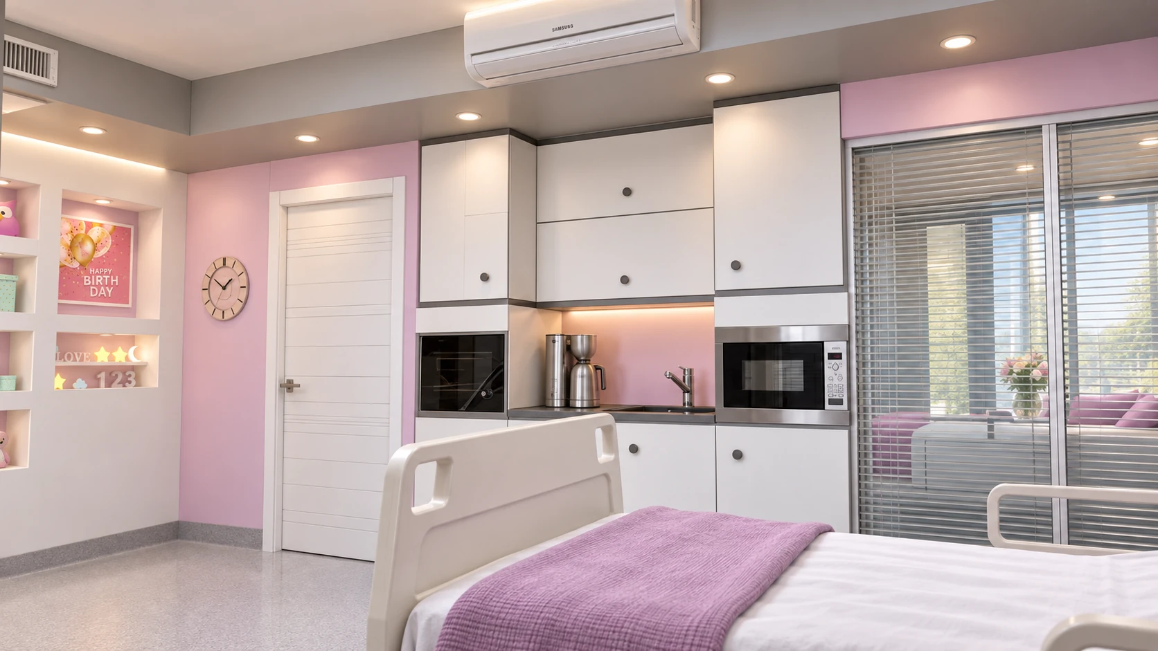 Alternative overall view of the Tehran Pars Hospital isolation room with calm colors and integrated finishes