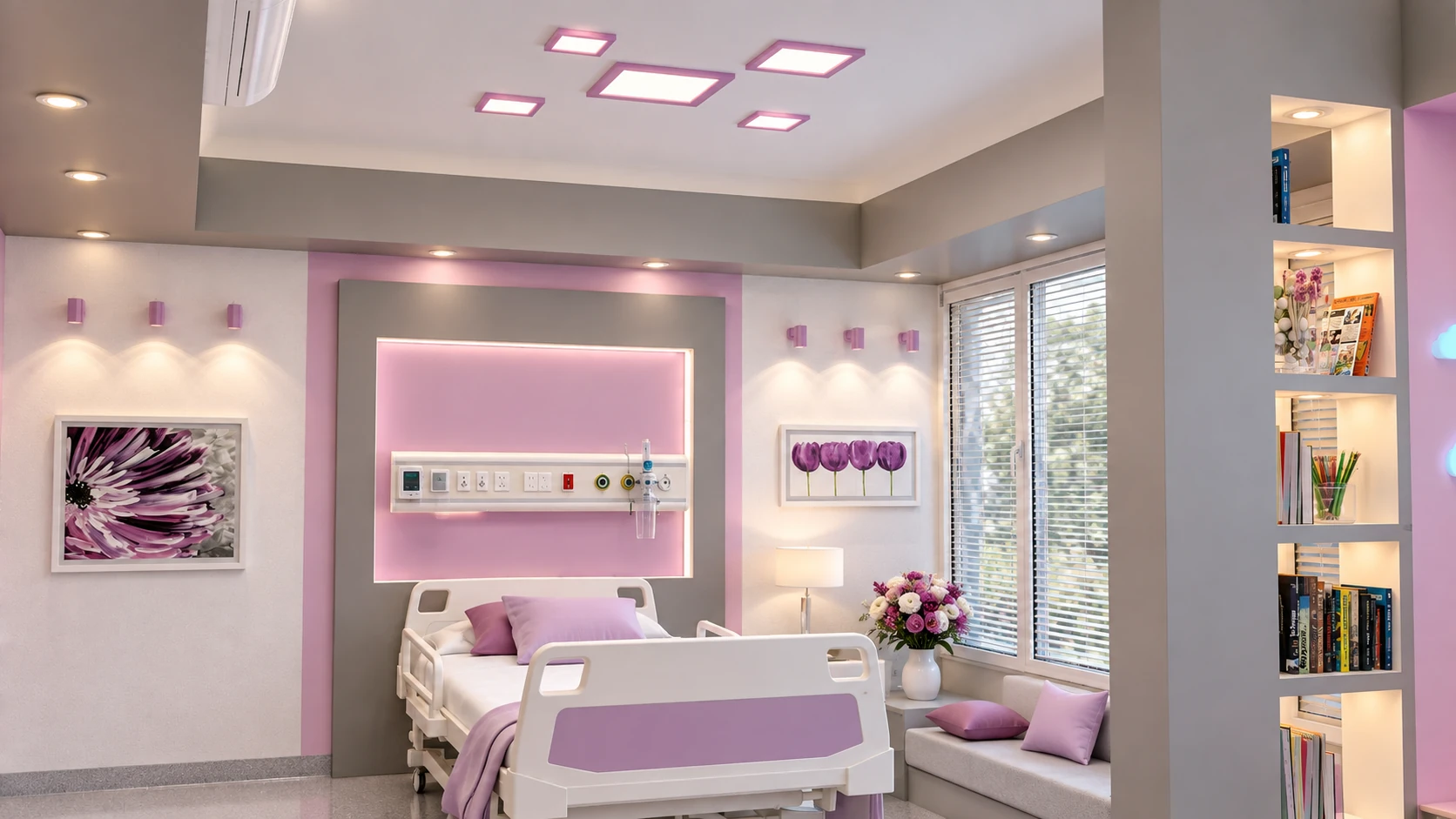 Tehran Pars Hospital isolation room with patient bed, feature headwall and soft integrated lighting