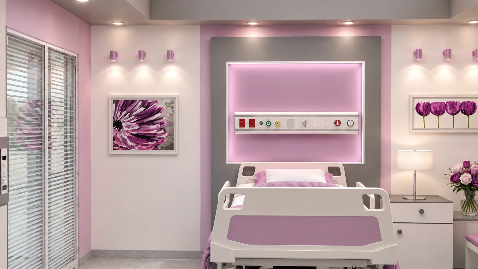 Front view of the patient bed with feature wall and accent lighting in the Tehran Pars Hospital isolation room