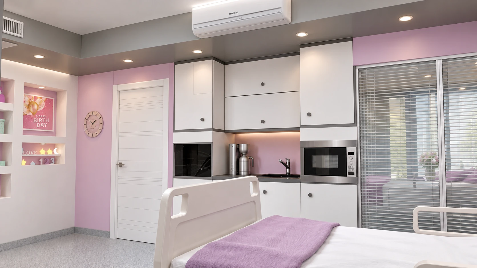 Support cabinetry and service zone beside the patient bed in the Tehran Pars Hospital isolation room