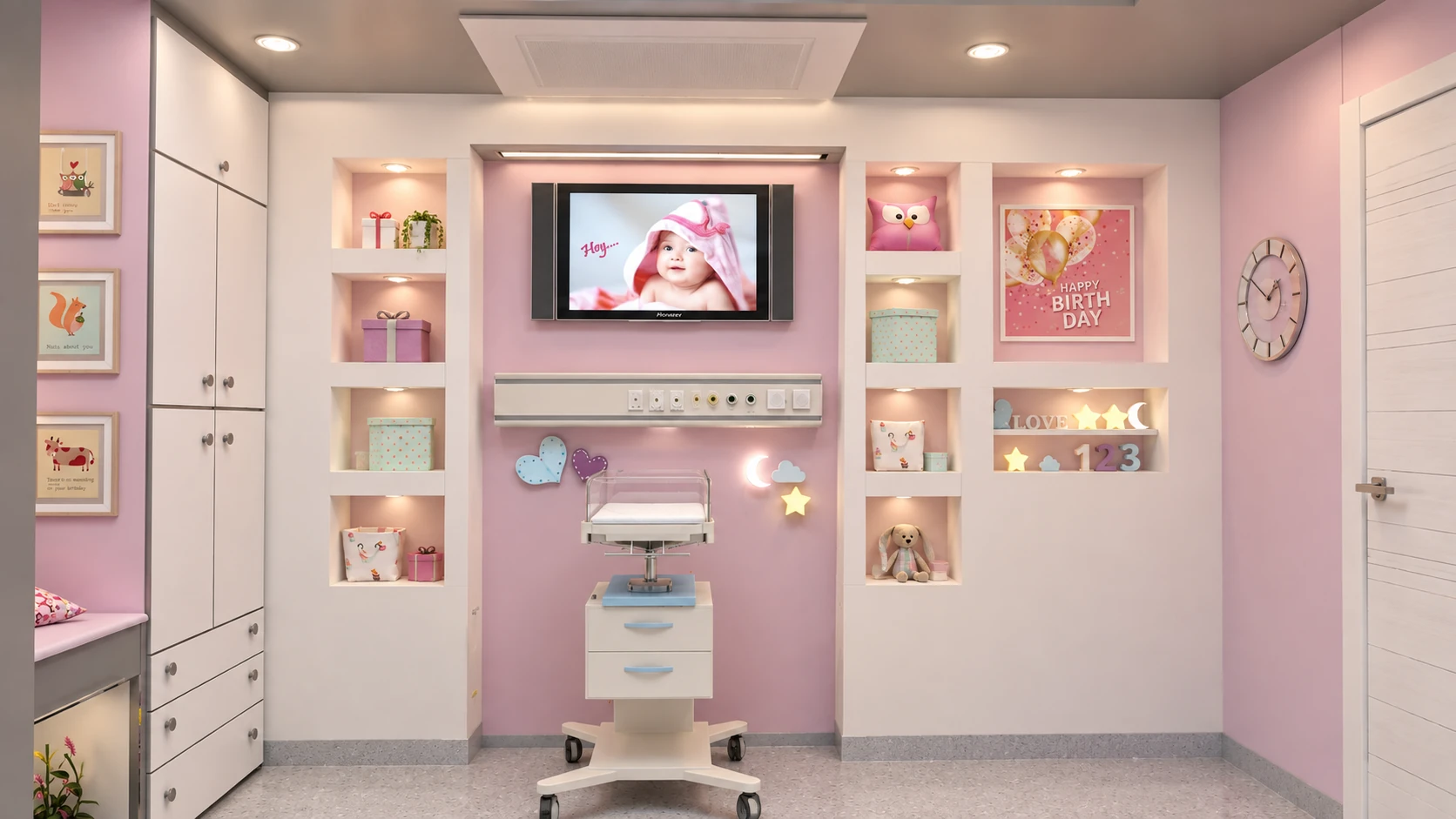 Built-in wall storage and interior detailing in the Tehran Pars Hospital isolation room