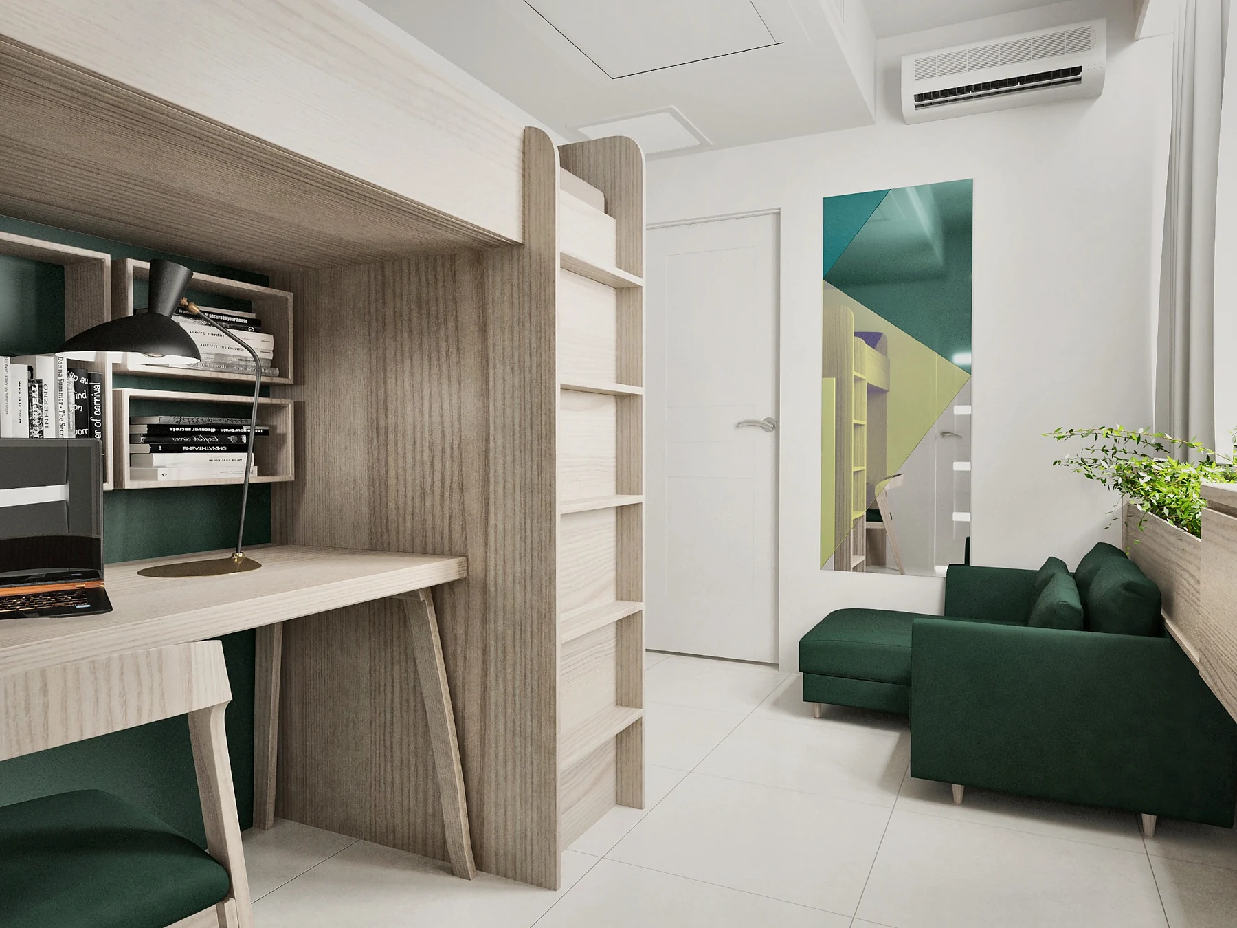 Tehran Pars Hospital LDR doctors rest room with integrated workstation, green lounge seating and light wood finishes