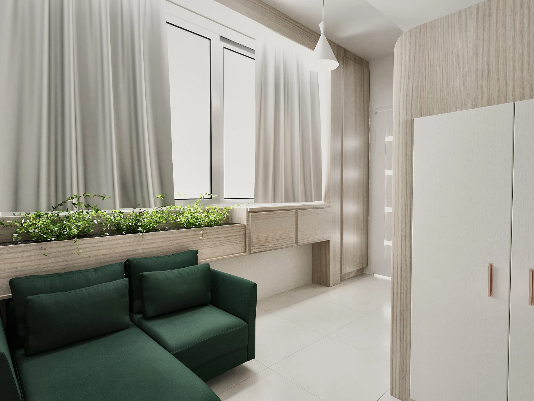 Lounge area in the Tehran Pars Hospital LDR doctors rest room with natural light, indoor planting and integrated storage